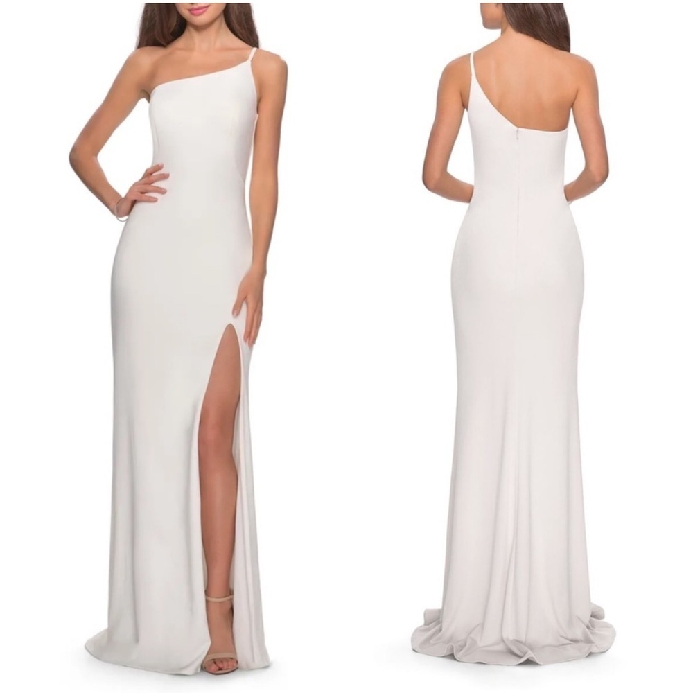 New La Femme One Shoulder Asymmetric Gown Maxi Dress White Bridal Wedding Sz 8